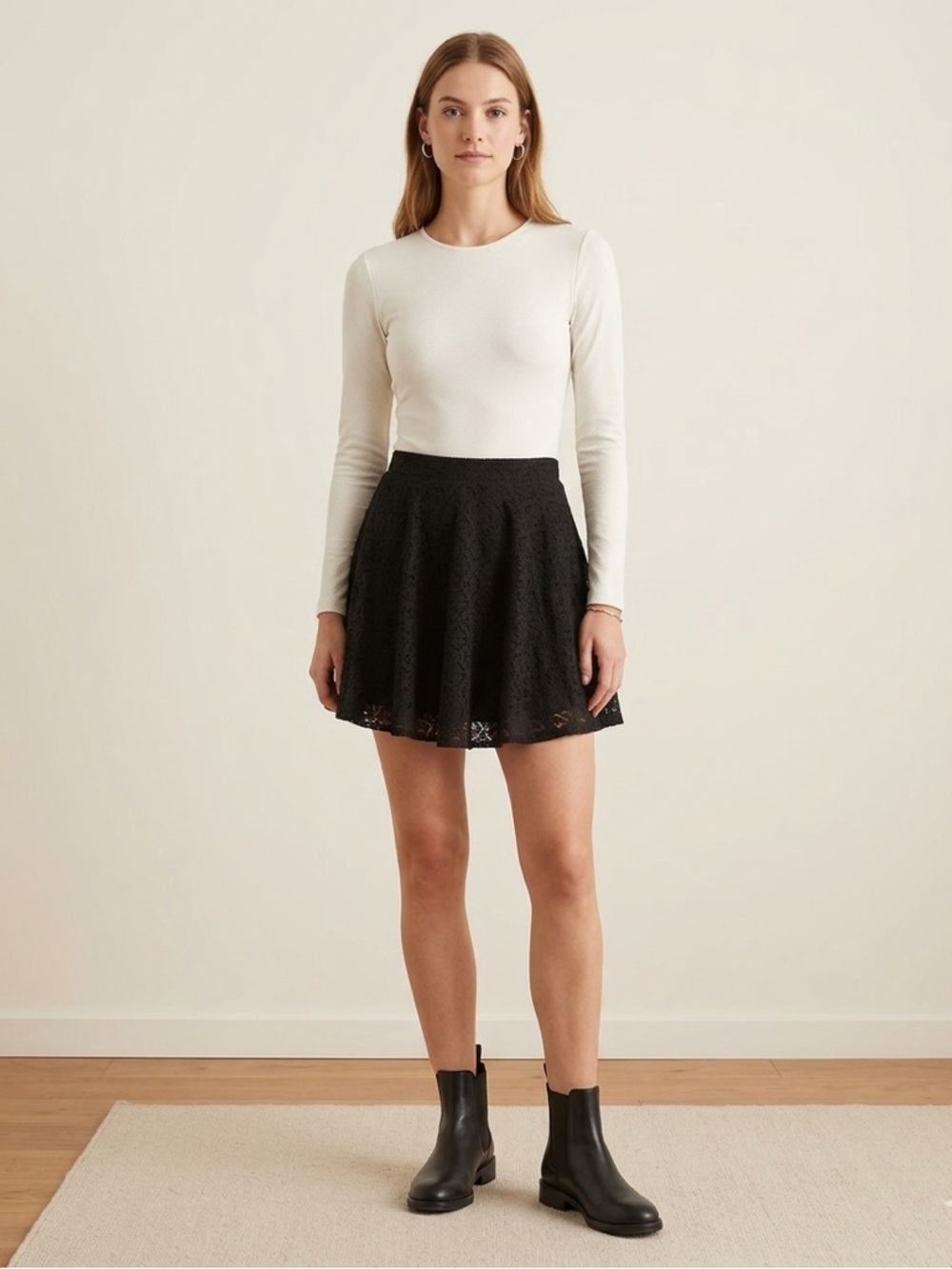 Grass + Grain Black Floral Lace Skater Mini Skirt
